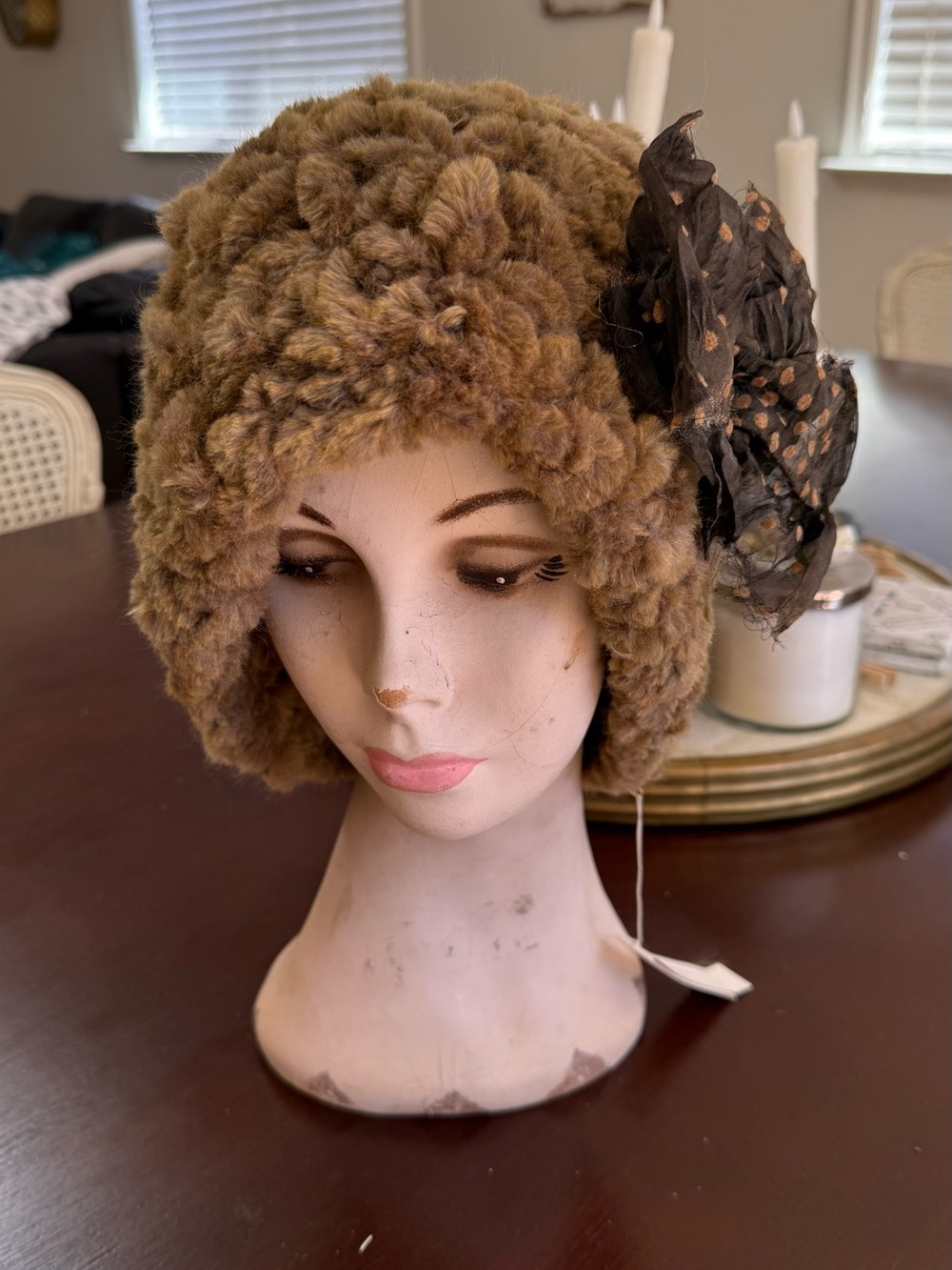 Grevi Brown Faux Fur Cloche Hat with Black Polka Dot Bow